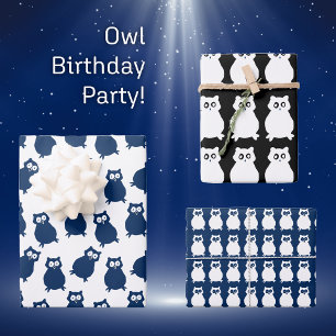 Hoja De Papel De Regalo Búhos en azul y negro cumpleaños