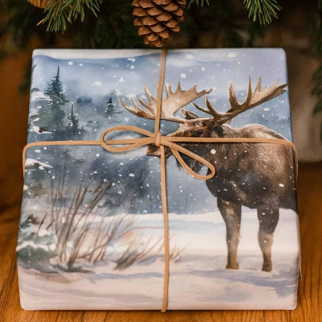 Hoja De Papel De Regalo Bull Moose in Winter Snow Nature  (Rustic wildlife-themed moose in the snow wrapping paper, ideal for men.)