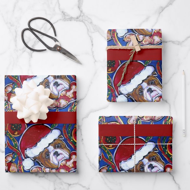 HOJA DE PAPEL DE REGALO BULLDOG SANTA (Anverso)