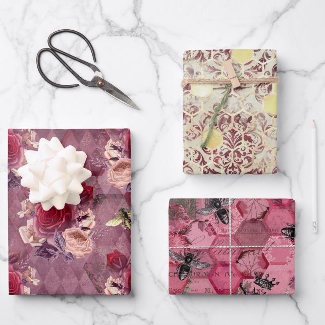 Hoja De Papel De Regalo Burgundy Bee Series Design Four (Anverso)