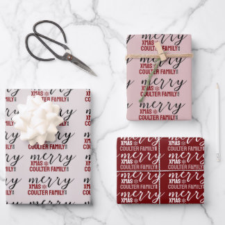 Hoja De Papel De Regalo Burgundy cursive Christmas text name year snowflak