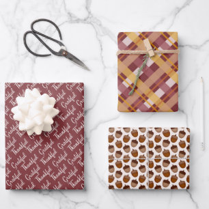HOJA DE PAPEL DE REGALO BURGUNDY NARANJA & GOLD PLAID AGRADECIDO