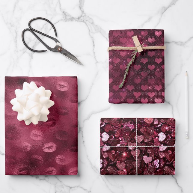 Hoja De Papel De Regalo Burgundy Red Kisses Lips Hearts Bridal Shower Love (Anverso)