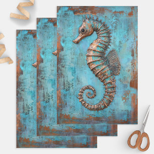 Hoja De Papel De Regalo Caballito de mar de cobre con pátina de metal dete