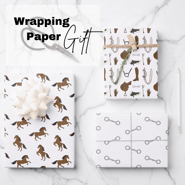 Hoja De Papel De Regalo Caballo (Horses, bits and horseback riding material, three designs)
