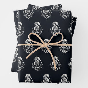 Hoja De Papel De Regalo Caballo de mar negro y blanco