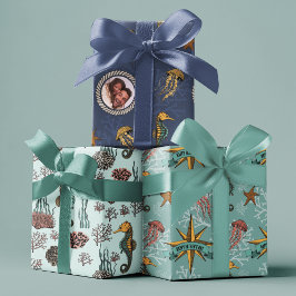 Hoja De Papel De Regalo Caballo de mar, pez estelar, medusa y coral náutic