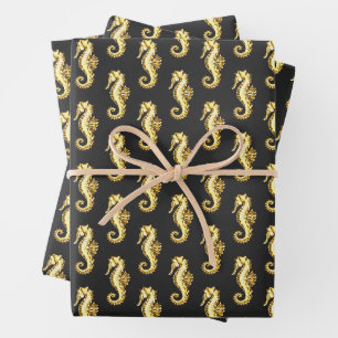Hoja De Papel De Regalo Caballo marino polígono de oro