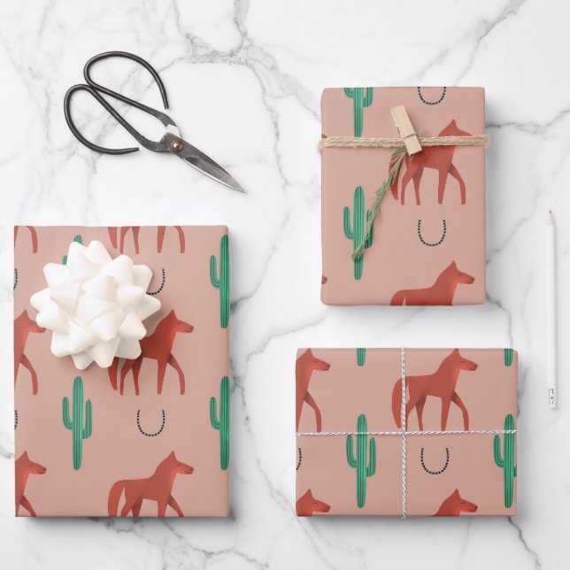 Hoja De Papel De Regalo Caballo y cactus (Anverso)