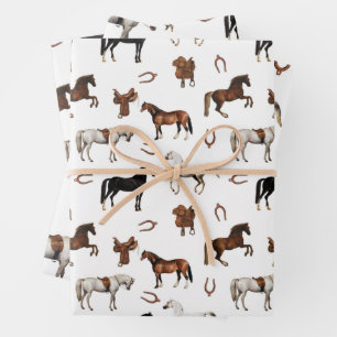 Hoja De Papel De Regalo Caballos Acuarela Herradura Sillas de montar para