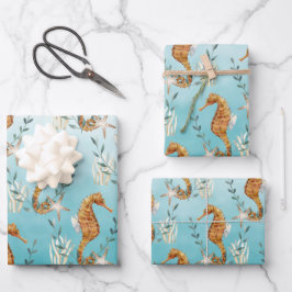 Hoja De Papel De Regalo Caballos De Mar Bajo El Mar Azul Turquesa Del Cari