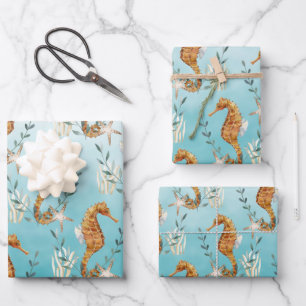 Hoja De Papel De Regalo Caballos De Mar Bajo El Mar Azul Turquesa Del Cari