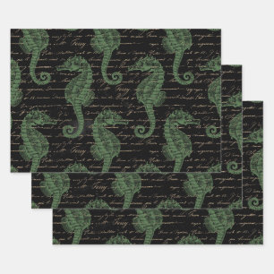 Hoja De Papel De Regalo Caballos de mar verdes claros sobre negro