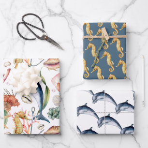 Hoja De Papel De Regalo Caballos de mar y delfines, diseños de corresponde