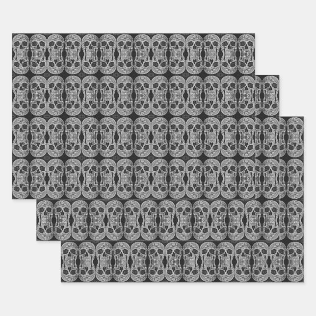 Hoja De Papel De Regalo Cabeza De Cráneo Gótica Patrón Resumen Blanco Y Ne (Set)