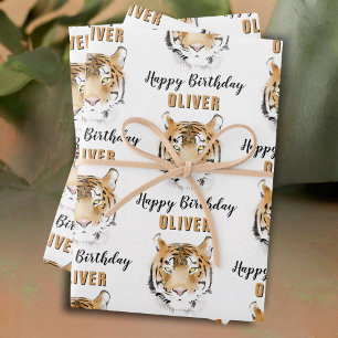 Hoja De Papel De Regalo Cabeza de Tigre Acuarela Animal Feliz Cumpleaños