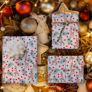 Hoja De Papel De Regalo Cabra de Reno y Patrón Navideño de Bayas Caprichos