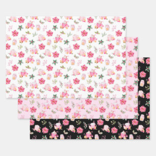 Hoja De Papel De Regalo Cacao Caliente de Navidad y Poinsettias Rosadas