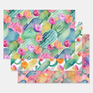 Hoja De Papel De Regalo Cactus Art Combo Green White Pink Desert Southwest