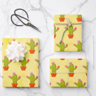 Hoja De Papel De Regalo Cactus de dibujos animados lindo con pintura de fl