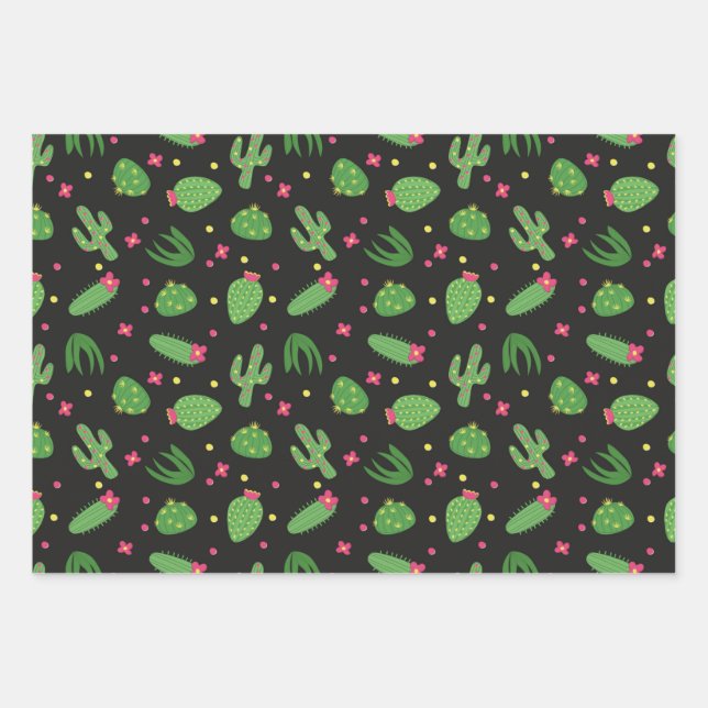Hoja De Papel De Regalo Cactus personalizado con flores sobre fondo negro (Anverso)