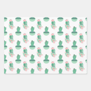 Hoja De Papel De Regalo Cactus verde y rosa en blanco
