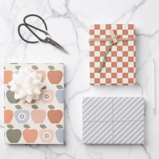 Hoja De Papel De Regalo Caer manzanas con chequeras y rayas (Anverso)
