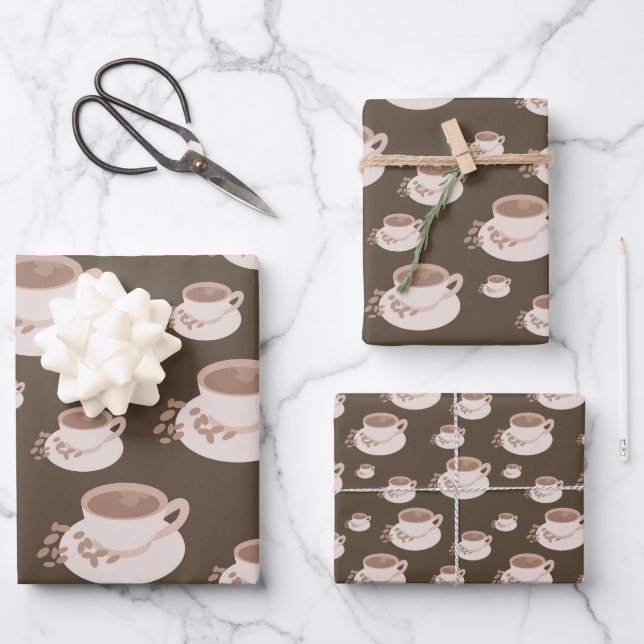 Hoja De Papel De Regalo Café retro con tazas marrones  (Anverso)