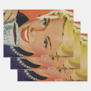 Hoja De Papel De Regalo Café Vintage, Mujer Feliz con Taza de Café Retro