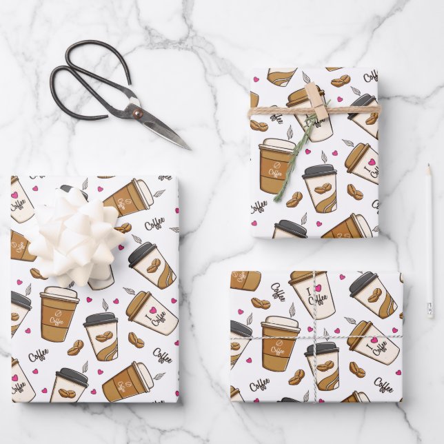 Hoja De Papel De Regalo Cafés, Frijoles, Amante del Café, Corazones (Anverso)