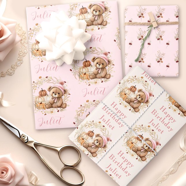 Hoja De Papel De Regalo Caída Cumpleaños Chica Cute Bear Wildflowers Pumpk (Fall Birthday Girl Cute Bear Wildflowers Pumpkins Wrapping Paper Sheets)