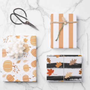 Hoja De Papel De Regalo Calabaza de cosecha otoñal y rayas pasteles de hoj