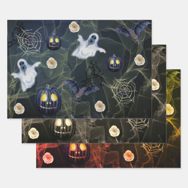 Hoja De Papel De Regalo Calabaza negra de Halloween, fantasmas y telaraña (Set)