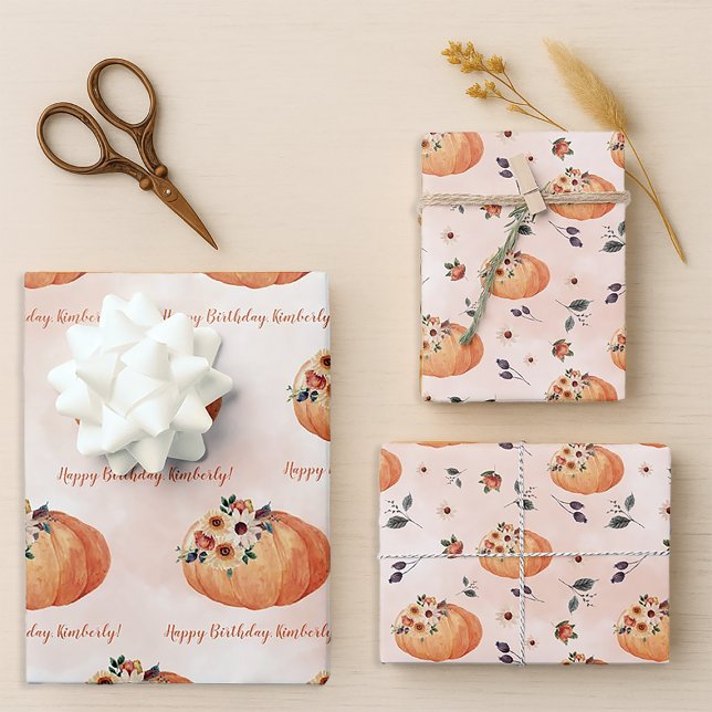 Hoja De Papel De Regalo Calabaza personalizada de Floral otoño (Personalized Fall Birthday Gift Wrap)