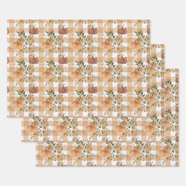 Hoja De Papel De Regalo Calabazas acuarelas en Gingham (Set)