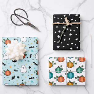 Hoja De Papel De Regalo Calabazas Azules Fantasma Patrones mixtos de Hallo