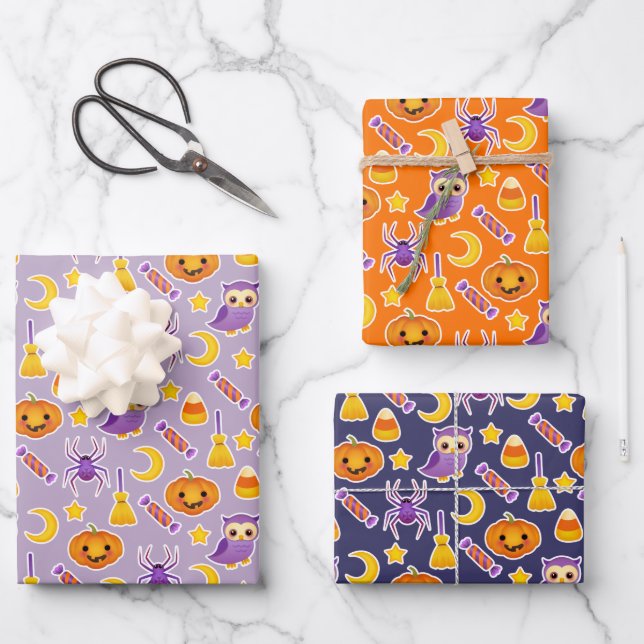 Hoja De Papel De Regalo Calabazas, búhos y dulces Halloween (Anverso)