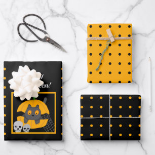 Hoja De Papel De Regalo Calabazas de Gatos Negros Calaveras Niños Hallowee