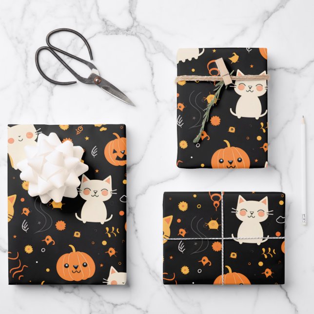 Hoja De Papel De Regalo Calabazas de gatos para niños divertidos de Hallow (Anverso)