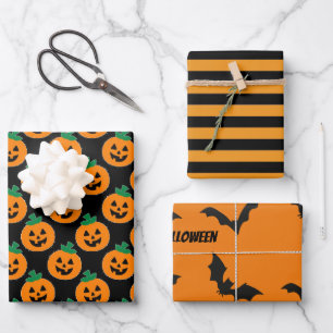 Hoja De Papel De Regalo Calabazas de Halloween Bats Stripes Naranja Negro