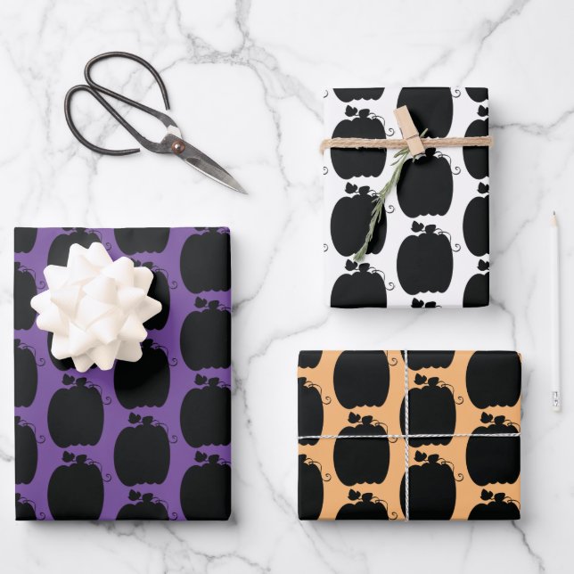 Hoja De Papel De Regalo Calabazas de Halloween con Naranja morado negro (Anverso)