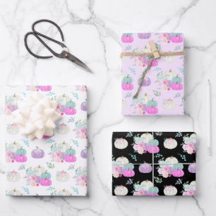 Hoja De Papel De Regalo Calabazas Florales Pastel en Rosa, Morado y Azul