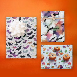 Hoja De Papel De Regalo Calabazas Murciélagos Acuarela Otoño Halloween Col
