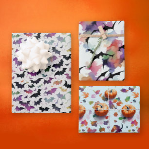 Hoja De Papel De Regalo Calabazas Murciélagos Acuarela Otoño Halloween Col