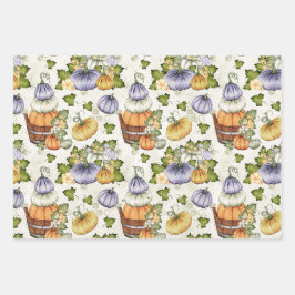 HOJA DE PAPEL DE REGALO CALABAZAS PURPURA NARANJA BLANCO OTOÑO