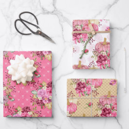 HOJA DE PAPEL DE REGALO CALABAZAS ROSADAS DE OTOÑO Y FLORES DE ACUARELA