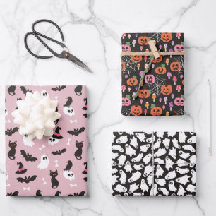 Hoja De Papel De Regalo Calabazas rosadas Fantasmas Skulls Patrones Hallow