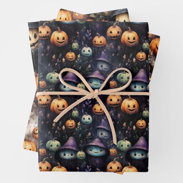 HOJA DE PAPEL DE REGALO CALABAZAS SINIÉSTRAS FANTASMAS Y BRUJAS HALLOWEEN (In situ)