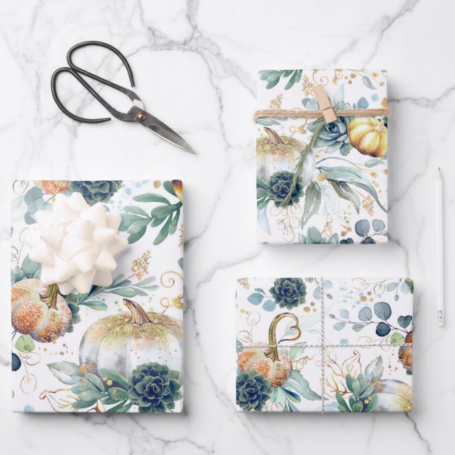 Hoja De Papel De Regalo Calabazas Suculentas Verdor de Oro Eucalyptus Caíd (Anverso)