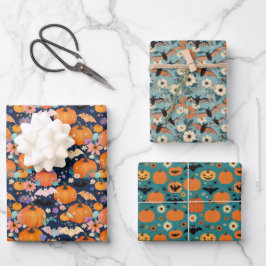Hoja De Papel De Regalo Calabazas y flores de los murciélagos de Halloween